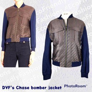 Diane Von Furstenberg Chase Womens Multipattern Wool Blend Bomber Jacket Size L
